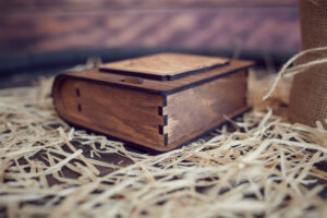 Cutie din lemn mica pentru stick USB - model Elefantelul iubaret