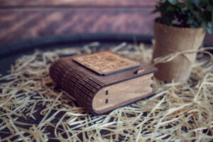 Cutie din lemn mica pentru stick USB - model Clovnul pictor