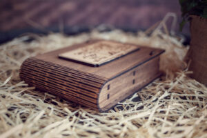 Cutie din lemn medie pentru stick USB - model Pasarele