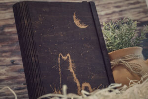 Agendă A5 din lemn, VintageBox, model Singur in Noapte- Colectia White on Black