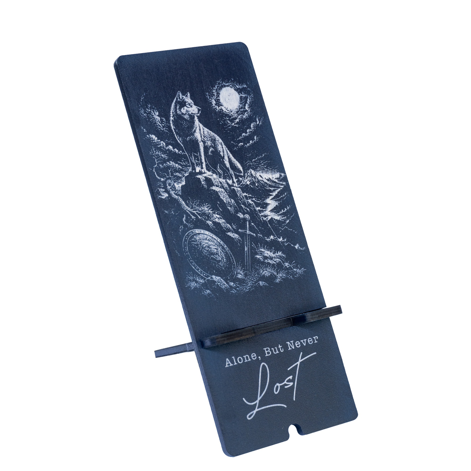 Suport telefon din lemn personalizat prin gravare model Niciodata Pierdut
